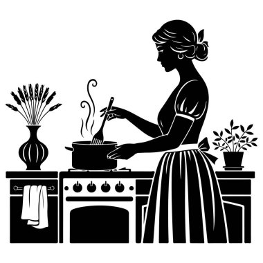 Evde aşçı olan bir kadının vektör silueti..