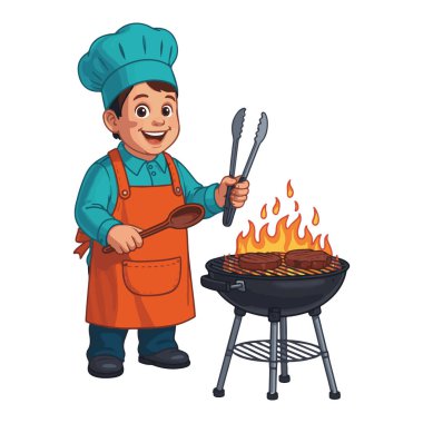 Üniformalı bir adam ve ızgaralı bir barbekü karakteri. Beyaz arkaplanda izole edilmiş vektör illüstrasyonu.