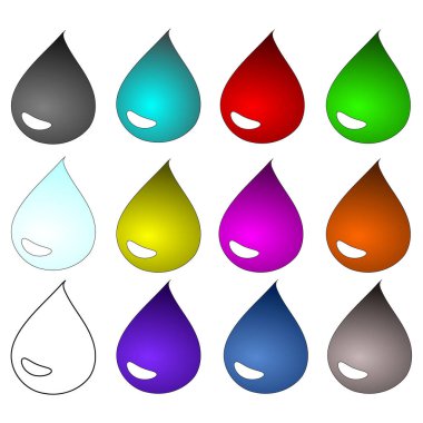 Beyaz arkaplanda izole edilmiş renkli sıvı damlaları kümesi, vektör illüstrasyonu