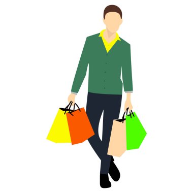 Alışveriş torbalı adam. Düz tasarım biçiminde vektör illüstrasyonu.