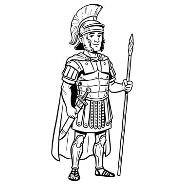 Vektör çizimi. Savaşçının kalkanlı çizgi film karakteri.