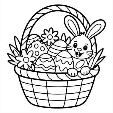 Sepetinde tavşan resmi olan mutlu paskalya yumurtaları. Yumurtalı çocuklar için boyama sayfası yetişkinler için boyama kitabı. Beyaz arkaplanda izole edilmiş vektör illüstrasyonu