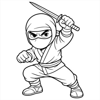 Siyah üniforma giyen ninja karakterinin çizimi.