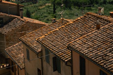 Yosunlu terasotta çatıları eski dokuları gösteriyor, yakın çerçeveler yıpranmış fayansları, liken yamalarını gösteriyor.