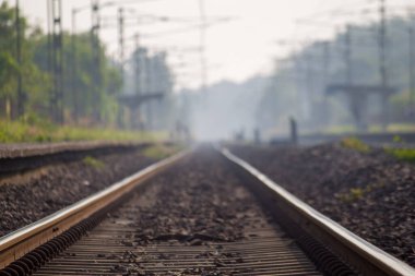 Tren rayları boyunca ilerleyen bir trenin sabah görüşü, sakin bir kırsal kesimde, yumuşak bir sis ve doğal ışıkla yakalanmış..