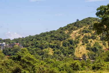 Hindistan 'ın kırsal kesimlerinde parlak bulutlu gökyüzünün altında katmanlı dağları olan yemyeşil tropikal tepeler ve palmiye ağaçları..