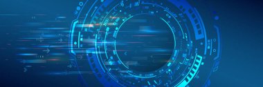 Çeşitli teknolojik elementlere sahip yüksek teknoloji vektör çizimi. Geniş Siber Güvenlik İnternet ve ağ konsepti. Soyut küresel bilim kurgu kavramı. Mavi arkaplanda dijital internet iletişimi