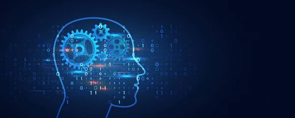Yapay zeka işi konsepti. Teknoloji ve mühendislik geçmişi. Geleceğin internet teknolojisi. Gelecekçi Siber Beyin Web Pankartı.
