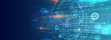 Perspektif geniş teknolojili arka plan dokusu. Soyut 3D devre kartı vektör illüstrasyonu. Vektör elektronik iletişim. Fütürist web pankartı.