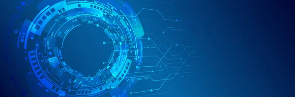 Çeşitli teknolojik elementlere sahip yüksek teknoloji vektör çizimi. Geniş Siber Güvenlik İnternet ve ağ konsepti. Soyut küresel bilim kurgu kavramı. Mavi arkaplanda dijital internet iletişimi
