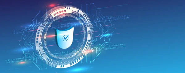 3D dijital güvenlik ve ağ koruması. İnternet projeleri için siber güvenlik. Anti virüs teknolojisi web servisleri. Veri koruma web pankartı.
