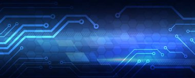 Hi tech devre kartı tasarımı yenilik kavramı. Soyut fütüristik geniş iletişim vektörü çizimi. Mavi arka planda bilim kurgu teknolojisi.