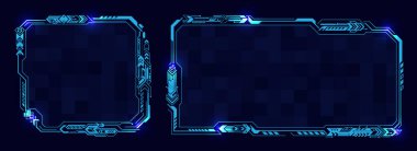 Gelecekçi hud teknolojisi arayüzü. Soyut sanal sanal kontrol görüntüsü. Sanal gerçeklik paneli. Dijital bilgi kutuları düzenleme şablonları. Sunumun için yüksek teknoloji ekranı. Bilimkurgu çerçeve tasarımı.