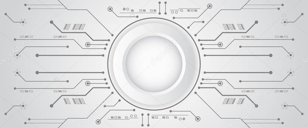 Hi tech circuit board design innovation concept. Abstract futuristic wide communication vector illustration. Sci fi technology on the grey background.