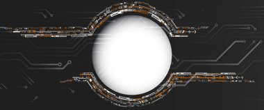 Yüksek teknoloji bilgisayar dijital teknoloji konsepti. Soyut teknoloji iletişim vektörü çizimi. Çeşitli teknolojik elementlerle geniş siyah arkaplan.