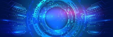 Çeşitli teknolojik elementlere sahip yüksek teknoloji vektör çizimi. Geniş Siber Güvenlik İnternet ve ağ konsepti. Soyut küresel bilim kurgu kavramı. Mavi arkaplanda dijital internet iletişimi