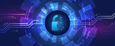 Virüs saldırısına karşı koruma. Küresel antivirüs güvenlik sistemi. Çeşitli teknoloji elementleriyle soyut mavi arkaplan. Gelecekçi asma kilit vektör çizimi. Siber saldırı koruması.