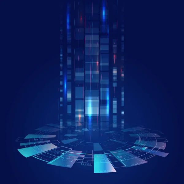 Amplia Perspectiva Fondo Azul Con Varios Elementos Tecnológicos Concepto Tecnología — Vector de stock