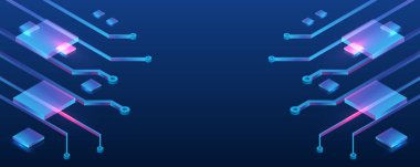 3D fütüristik parlak hatlar, devre kartı. Geniş perspektif Mavi arka plan ve çeşitli teknolojik unsurlar. Sunum için yüksek teknolojili dijital teknoloji kavramı.