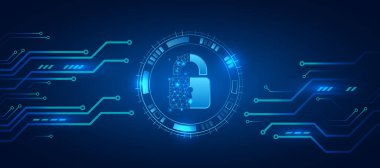 Virüs saldırısına karşı koruma. Küresel antivirüs güvenlik sistemi. Çeşitli teknoloji elementleriyle soyut mavi arkaplan. Gelecekçi asma kilit vektör çizimi. Siber saldırı koruması.