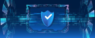 Geniş Siber Güvenlik İnternet ve ağ konsepti. Soyut küresel bilim kurgu kavramı. Mavi arka planda dijital internet iletişimi. Çeşitli teknolojik elementlere sahip yüksek teknoloji vektör çizimi.