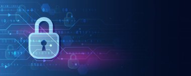 Çeşitli teknoloji elementleriyle soyut mavi arkaplan. Gelecekçi asma kilit vektör çizimi. Siber saldırı koruması. Virüs saldırısına karşı koruma. Küresel antivirüs güvenli sistemi.