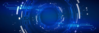 Siber güvenlik interneti ve ağ konsepti. Mavi arka planda dijital internet iletişimi. Soyut küresel bilim kurgu kavramı. Çeşitli teknolojik elementlerle Geniş Yüksek Teknolojik vektör çizimi.