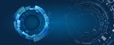 Mavi arka planda yüksek teknolojili elementlerin gelecekteki bileşimi. Sunum için bilgisayar teknolojileri. Bir çember ve devre kartından yapılan soyut teknoloji arka planı.