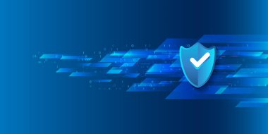 Siber güvenlik ve veri koruması. Kalkan simgesi, gelecekteki doğrulama teknolojisi. Soyut yüksek teknoloji geçmişi. Veri güvenlik sistemi, bilgi veya ağ koruması.