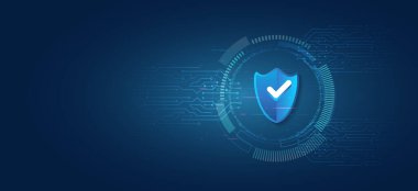 İş için internet güvenlik teknolojisi konsepti. Gizli veri koruması. Siber güvenlik ya da bilgi gizlilik fikri. Mavi devre kartı arka planında kalkan.