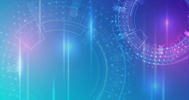 Futuristic blue and purple technology background with glowing digital circles and geometric shapes. Ideal for innovation, AI, science, or high-tech presentations