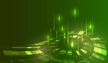 Yenilik, veri ve dijital kavramlar için modern yüksek teknoloji tasarımı. Parlayan dijital çemberler, soyut çizgiler ve ışık efektleri ile gelecekteki yeşil teknoloji arka planı.