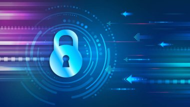 Dijital kilit sembollü siber güvenlik arka planı, gelecekteki arayüz elemanları ve akan veri hatları. Gizlilik, veri koruması ve güvenli teknoloji kavramları için ideal.