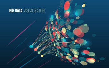 Akıcı çizgiler ve karanlık bir arkaplanda parlayan daireler ile renkli büyük veri görselleştirmesi, dijital analitik, ağlar ve bilgi işlemeyi sembolize eder.