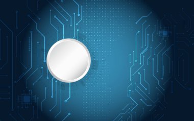 Devre çizgilerine sahip mavi soyut teknoloji arka planı ve dijital yenilik, veri akışı, fütüristik sistemler ve modern elektroniği temsil eden merkezi dairesel arayüz elemanı.