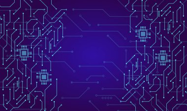Parlak mavi devre çizgileri ve mikroçip elemanları ile gelecekteki mavi teknoloji arka planı, yenilikçilik, veri ve yüksek teknoloji kavramlarına adanmış metin için alanı olan dijital ağ yapısı tasarımı.