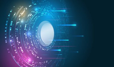 Parlayan dairesel elementler, veri akışları ve neon mavi-mor aksanlar ile soyut gelecek dijital arayüzü, teknolojiyi, yeniliği, veri akışını ve siber bağlantıyı sembolize ediyor.