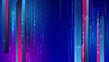 Parlak okları, mavi ve mor tonlarda neon çizgileri ve altıgen deseni olan gelecekçi dijital arkaplan, teknolojiyi, yeniliği, ilerlemeyi ve veri büyümesini sembolize ediyor.