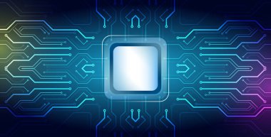 Parlak devreleri ve neon çizgileri olan gelecekçi mikroçip çizimleri, yapay zekayı, dijital ağları, veri işlemeyi ve gelişmiş yüksek teknoloji yeniliklerini sembolize ediyor..