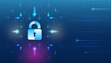 Parlayan dijital kilit ve yön okları ile siber güvenlik kavramı, koruma altındaki veri akışını, erişim kontrolünü, şifrelemeyi ve güvenli bilgi sistemlerini sembolize eder.