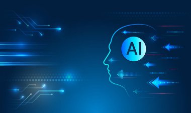 İnsan kafası silueti ve yapay zeka sembolü, mavi zemin üzerindeki dijital oklar ve devreler, makine öğrenimini, veri akışını, otomasyonu ve gelecekteki teknolojiyi temsil eden yapay zeka kavramı.