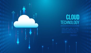 Bulut teknolojisi kavramı veri yükleme ve indirme okları mavi dijital arkaplan üzerine, bulut hesaplama, depolama, eşzamanlama ve çevrimiçi hizmetleri temsil eden.