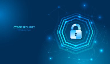 Dijital altıgen içinde parlayan asma kilit ve mavi arkaplanda ağ bağlantıları olan siber güvenlik kavramı, veri koruması, gizlilik, şifreleme ve güvenli teknoloji sistemlerini sembolize ediyor.