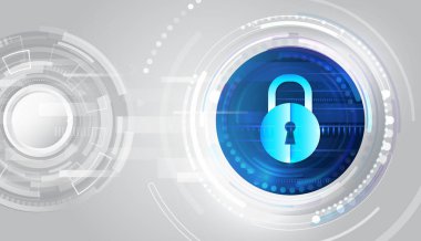 Dairesel arayüzlerin içinde parlayan dijital kilit, veri koruması, gizlilik, şifreleme ve güvenli ağ teknolojisini temsil eden gelecekçi siber güvenlik kavramı.