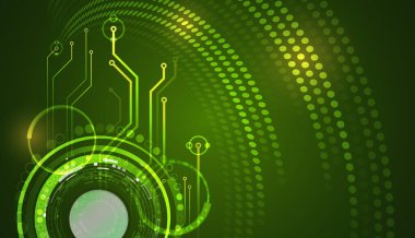 Dijital devreleri olan yeşil fütüristik teknoloji arka planı, parlayan arayüz elemanları, ve soyut veri kalıpları, ekolojik teknoloji, yenilik, sürdürülebilirlik ve gelişmiş dijital sistemleri temsil eden.
