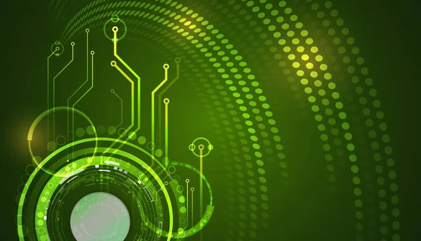 Dijital devreleri olan yeşil fütüristik teknoloji arka planı, parlayan arayüz elemanları, ve soyut veri kalıpları, ekolojik teknoloji, yenilik, sürdürülebilirlik ve gelişmiş dijital sistemleri temsil eden.
