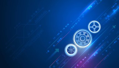 Parlak çarkları, köşegen dijital çizgileri ve mavi tonlarda neon aksanları olan gelecekteki teknoloji arka planı mühendislik süreçlerini, otomasyonu, yeniliği ve dijital dönüşümü temsil ediyor..