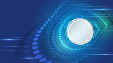 Parlak dairesel arayüzü, altıgen desenleri ve ikili kodu olan gelecekteki mavi teknoloji arka planı dijital ağları, veri akışını, yeniliği ve yüksek teknoloji iletişimini sembolize ediyor..