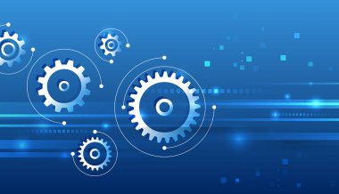 Birbirine bağlı vitesler, dijital ışık yolları ve mühendisliği, yeniliği, otomasyonu ve modern endüstriyi sembolize eden dairesel hareket elemanlarının yer aldığı soyut mavi teknoloji arka planı.