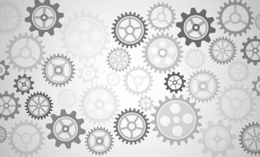 Interlocking gears in grayscale tones, symbolizing teamwork, engineering, industry, and mechanical processes in a clean, modern industrial design.